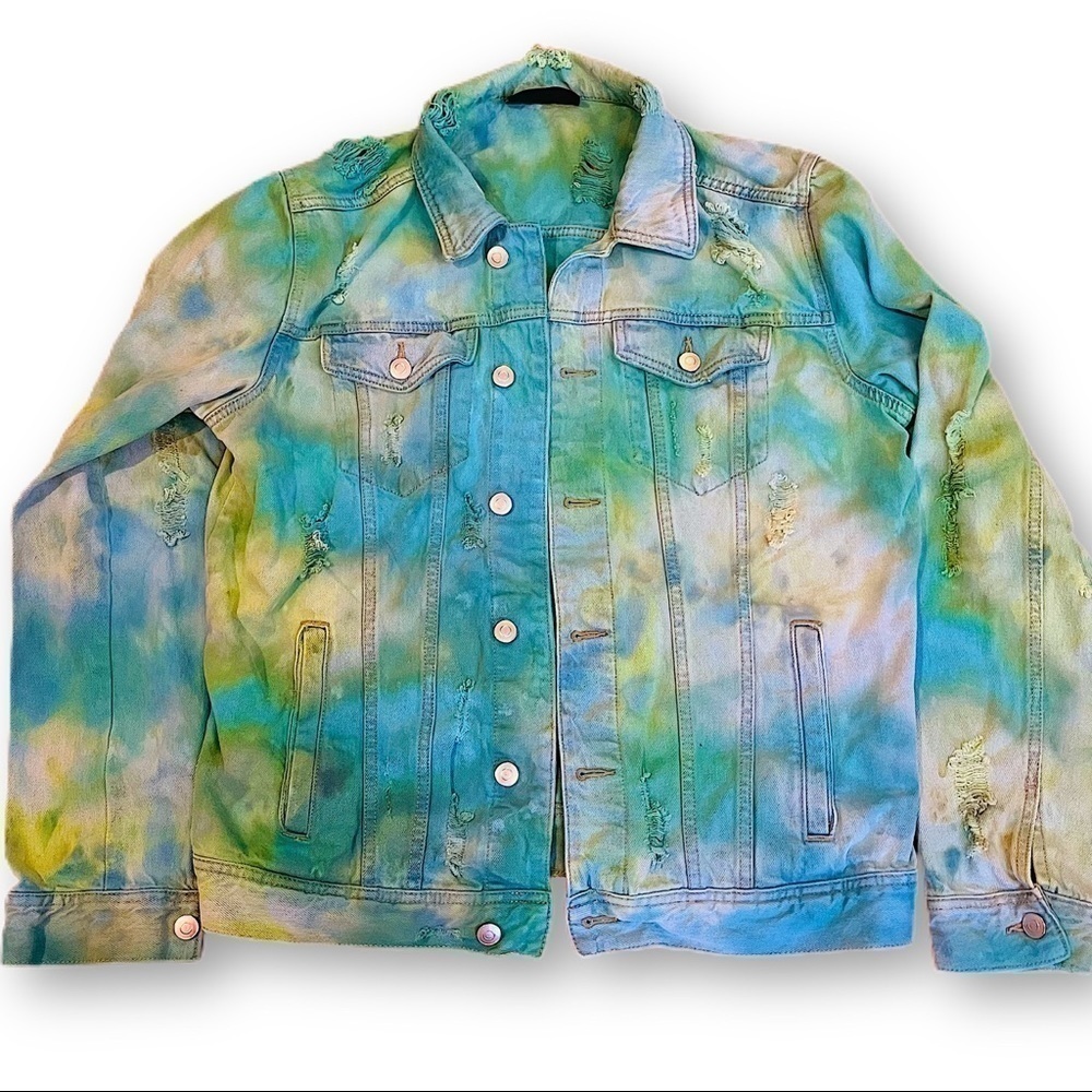 Festival tie dyed jean jacket M distressed ripped blue green ocean water